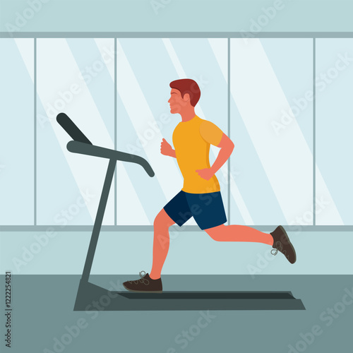 A man at the gym running on a treadmill. Flat style.