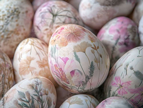 easter eggs with pastel floral designs, close up shot, soft lighting photo