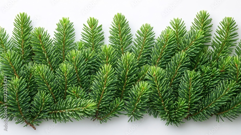 Obraz premium Top view of fir tree branches symmetrically arranged in a horizontal line ultra-detailed pine needles vibrant green color on a white background. Generative AI