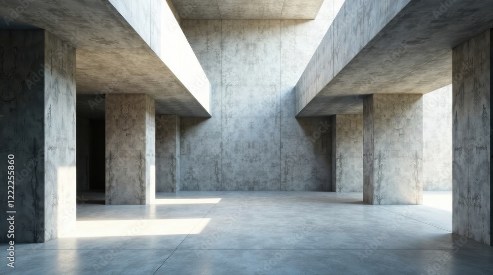 Fototapeta premium Sunlit Modern Concrete Structure Interior Design A Minimalist Architectural Space with Expansive Open Floor Plan and Concrete Pillars