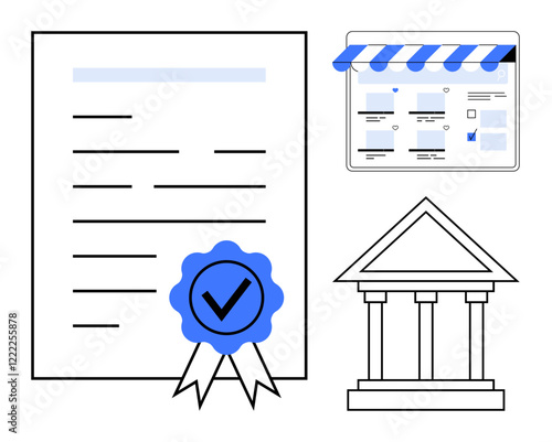 Certificate with blue checkmark ribbon, web store interface, classical building representing government. Ideal for e-commerce, official registration, compliance, legal matters, digital