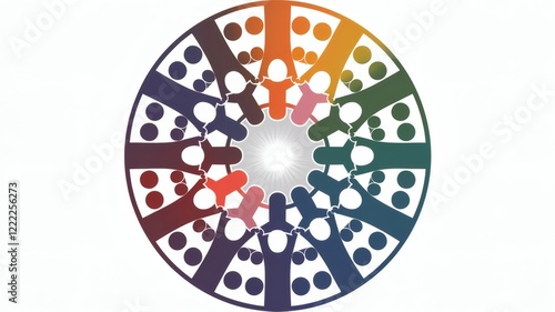 A circular ideogram where people of different colors and shapes form interlocking puzzle pieces. A radiant light shines from the center, symbolizing harmony.