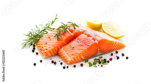 Fresh salmon on a white background. A healthy salmon meal. Fresh, healthy, and mouthwatering. A delightful seafood experience. photo