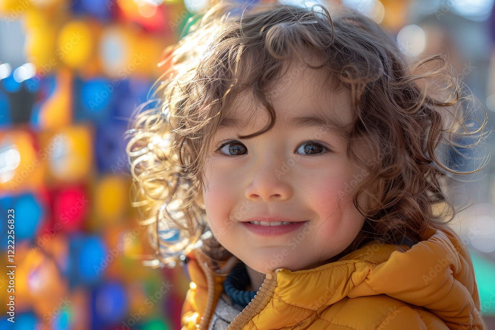 Curly-Haired Child in a Yellow Jacket Enjoying Colorful Outdoor Decorations and Lights in a Festive Setting. Curly-Haired Child in a Yellow Jacket Enjoying Colorful Outdoor Decorations and Lights in a Festive Setting.