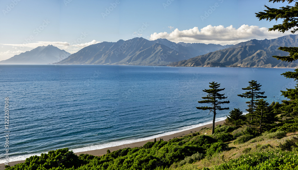 Scenic Coastal View with Mountains in Background