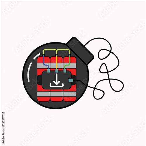 Combines the symbol of a bomb with a download icon, which might imply danger or risk associated with downloading something. Vector illustraton design. Eps 10.