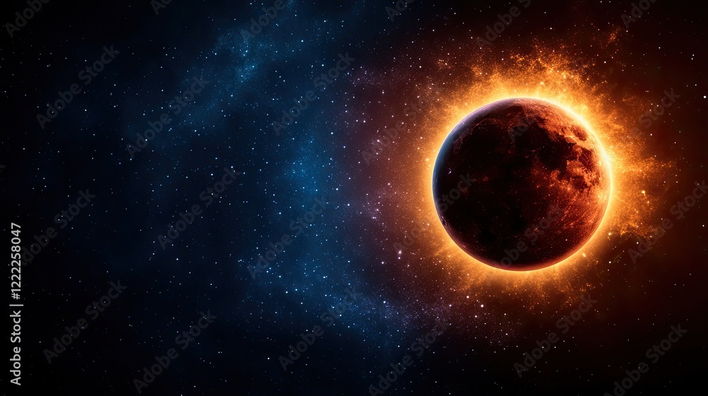 Dramatic Celestial Scene Featuring a Fiery Planet in Space Surrounded by a Starry Background Dramatic Celestial Scene Featuring a Fiery Planet in Space Surrounded by a Starry Background