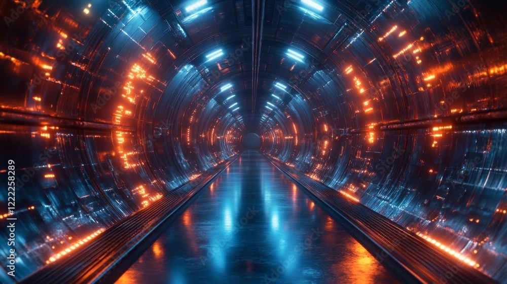 Surreal futuristic machine room with endless metallic tubes and reflective surfaces. Generative AI Surreal futuristic machine room with endless metallic tubes and reflective surfaces. Generative AI