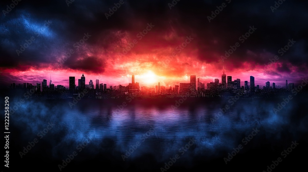 Dramatic Sunset Over a City Skyline with Reflective Water and Dark Clouds in the Background Dramatic Sunset Over a City Skyline with Reflective Water and Dark Clouds in the Background