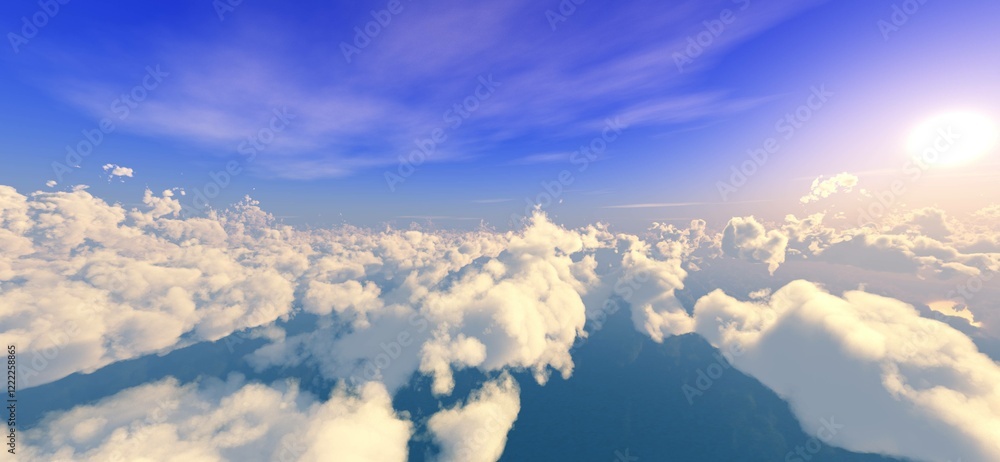 Fototapeta premium Beautiful panorama of clouds in the rays of sunset view from above, , 3d rendering