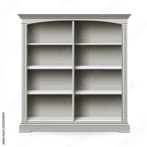 Gray bookcase, double section, empty shelves, white background, home decor photo