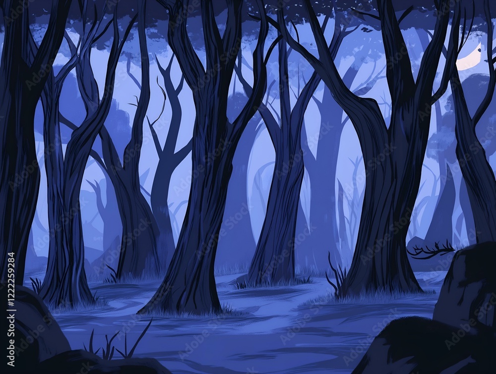 Naklejka premium dark forest scene, deep blue and purple tones, mysterious and moody atmosphere