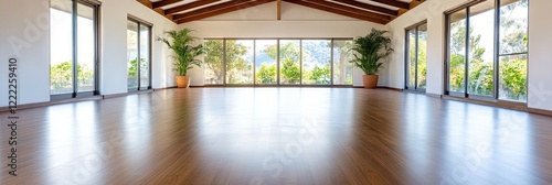 empty yoga shala with clean wood floors and natural lighting photo