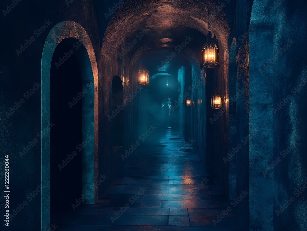 Obraz premium dimly lit arched hallway with candles, mysterious and atmospheric scene