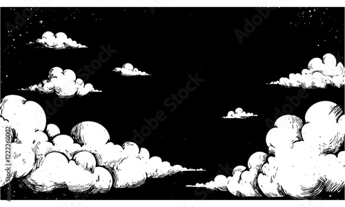 Linocut cloud background vector, cartoon style, black and white