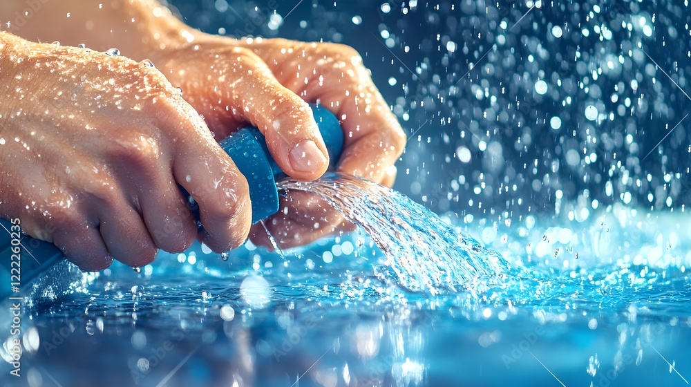 Fototapeta premium hands holding water stream, blue splash - close-up photography