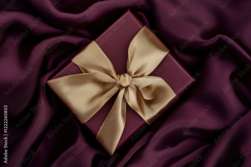 Small gift box with gold ribbon for Valentine's Day or romantic presents lies on red silk Small gift box with gold ribbon for Valentine's Day or romantic presents lies on red silk