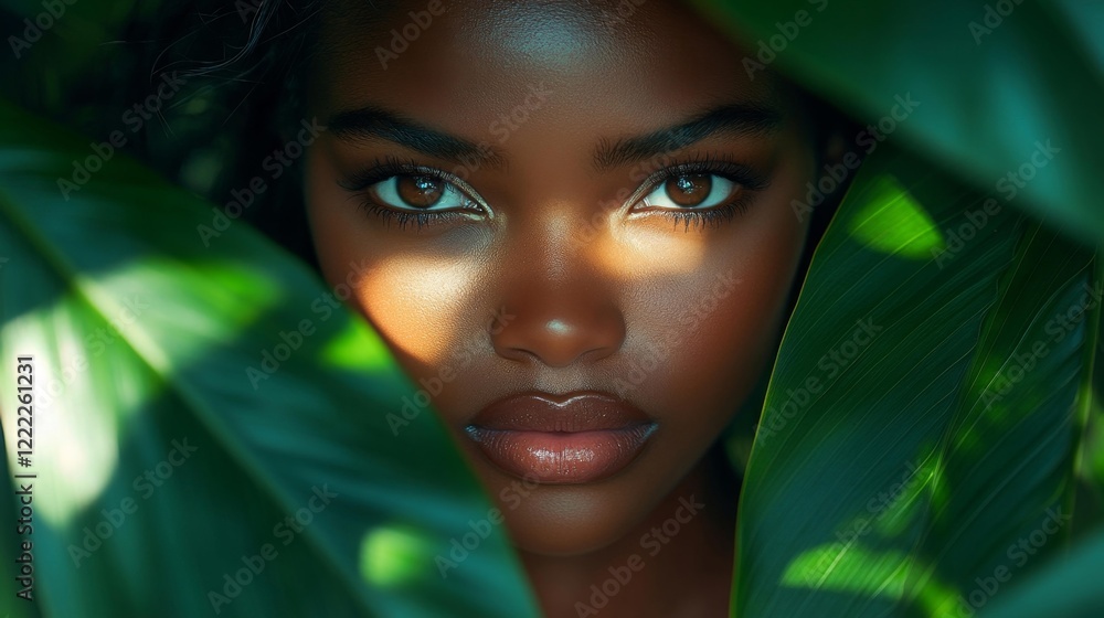 Stunning woman with radiant features framed by lush greenery in natural light. Generative AI Stunning woman with radiant features framed by lush greenery in natural light. Generative AI