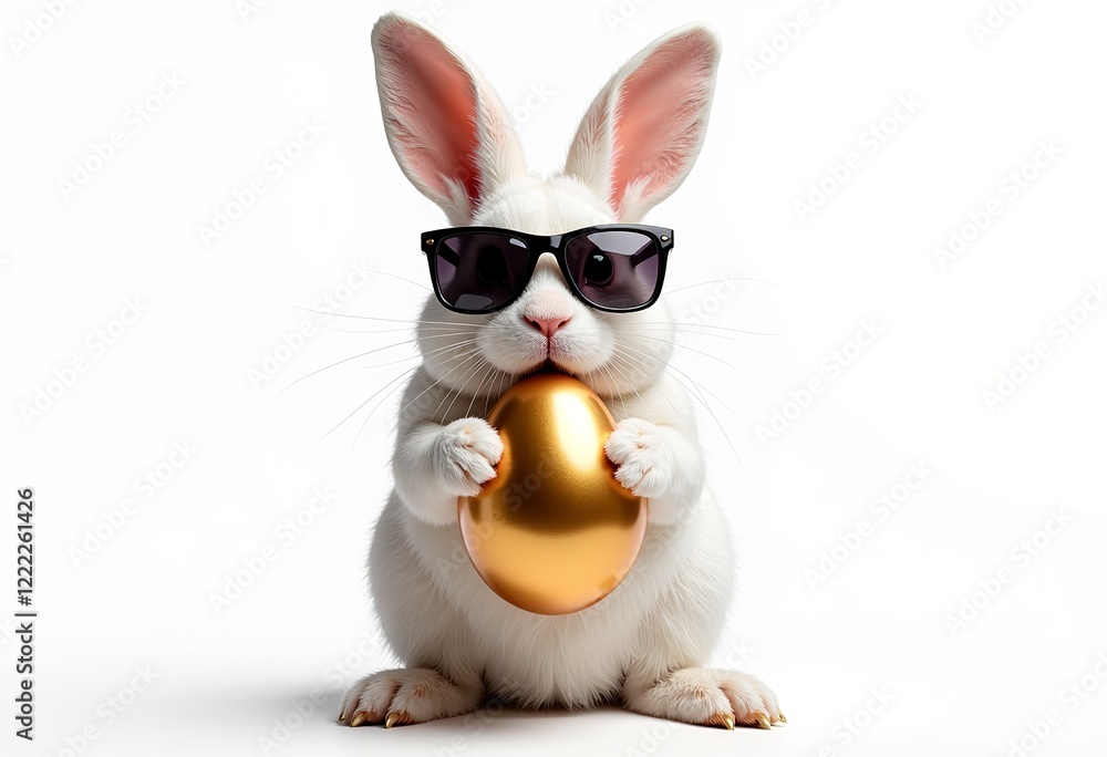Obraz premium Playful Easter Bunny, Sunglasses, Shiny Egg, Upright, Paws, Isolated White Background, Soft Lighting, Detailed Texture, Modern Design, Easter, Realistic, Whimsical Style. 