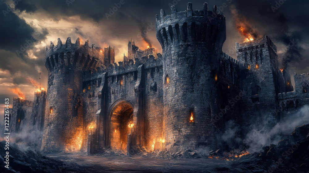 Fototapeta premium Ancient classic architecture with arches, wall from stone bricks and burning torches. Vector cartoon illustration of old castle, palace or temple facade with granite blocks and arcade at night