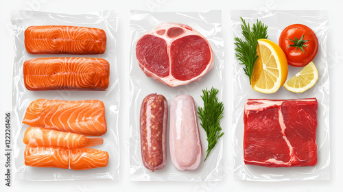 Food in plastic packages for store retail, fresh fish, meat and sausages, raw steaks of beef, salmon or halibut fillet. Isolated products design elements top view, Realistic 3d vector illustration set photo