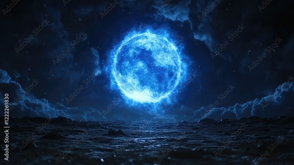 Illuminated Blue Moon Over a Tranquil Ocean with Waves and Dramatic Clouds at Night Illuminated Blue Moon Over a Tranquil Ocean with Waves and Dramatic Clouds at Night