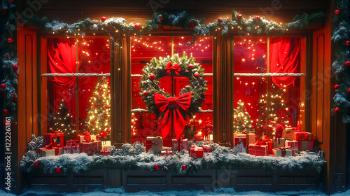 Christmas themed window display, department store, photorealistic style