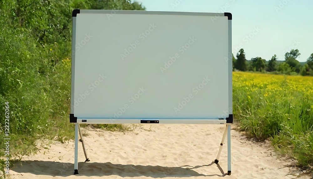 Fototapeta premium Land for sell concept. Blank template white billboard copy space on the field for sell background. Billboard mockup. Real estate investment. Land market for investors to build custom homes,1568