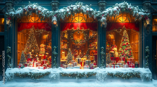 Christmas themed window display, department store, photorealistic style