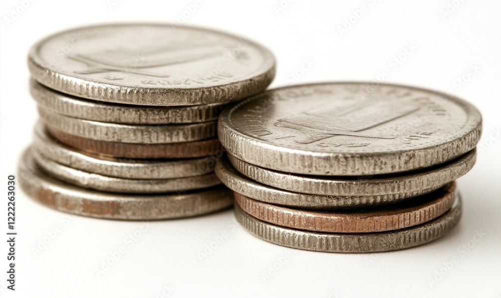 Stacks of silver and copper coins on white background, finance concept Stacks of silver and copper coins on white background, finance concept