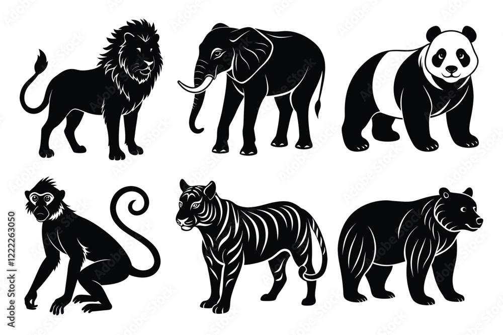 Animals silhouette set. Wild animals silhouette collection vector illustration on white background Animals silhouette set. Wild animals silhouette collection vector illustration on white background