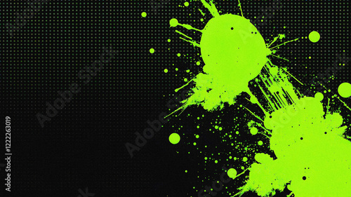 Neon green paint splats on black halftone dotted grunge background	