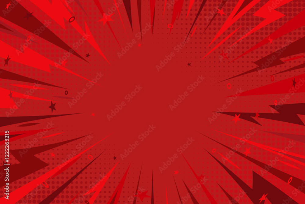 Red Pop Art Comic Background with Thunders. Red thunder comic halftone style background. Retro comic book style empty backdrop for magazine, cover, ad, banner, websites