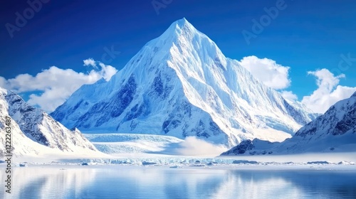 Wallpaper Mural Majestic Snowy Mountain Reflecting in Calm Waters Under a Bright Blue Sky with Clouds Torontodigital.ca