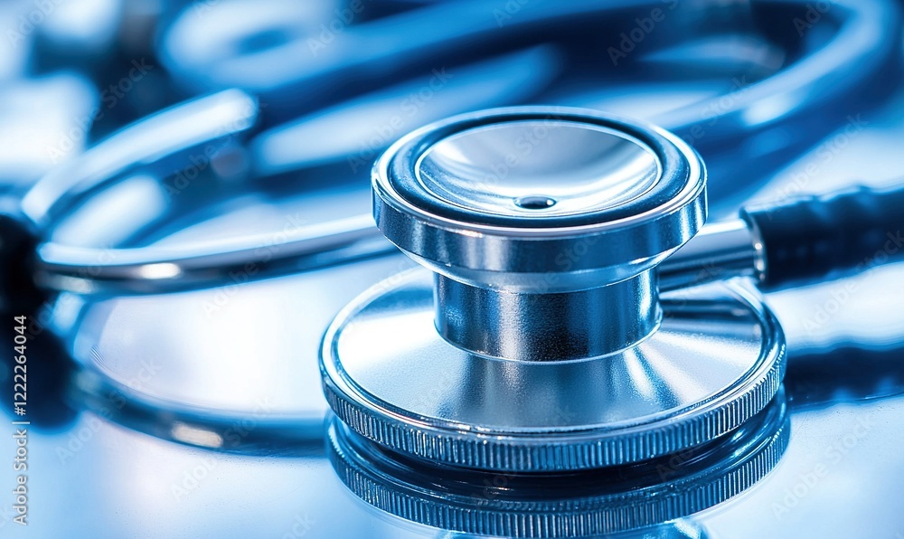 Stethoscope on reflective surface, close-up, medical instrument for diagnosis and healthcare Stethoscope on reflective surface, close-up, medical instrument for diagnosis and healthcare