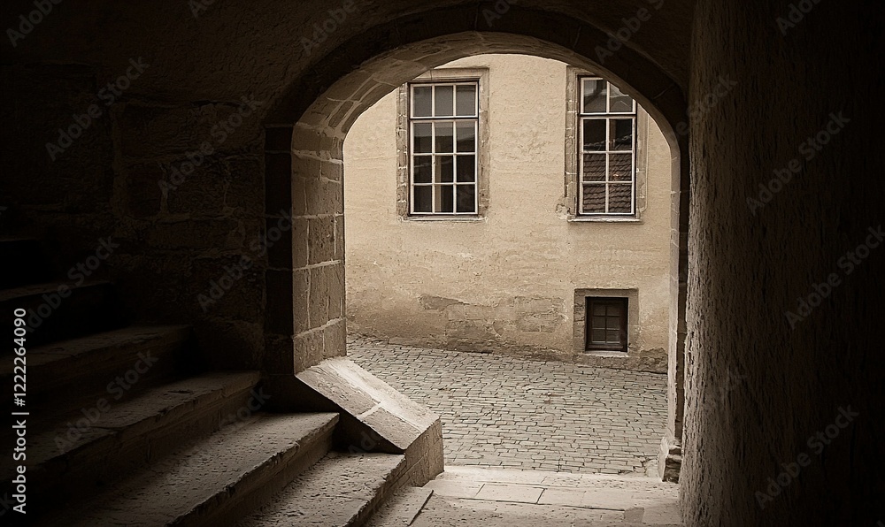 Stone archway with steps leads to courtyard with building and cobblestones, ideal for historical or travel content Stone archway with steps leads to courtyard with building and cobblestones, ideal for historical or travel content