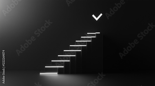 3d icon of stairs with a check mark at the top. virtual stairs steps towards achieving a goal, ending with a check mark or an upward graph as a sign of success, progress, goal setting photo