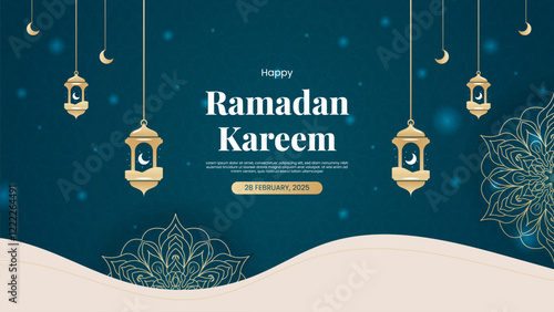 Islamic style decorative background design featuring Ramadan Kareem and Eid themes. Realistic Arabic ornamental patterns. ideal for festive greetings and celebratory designs.