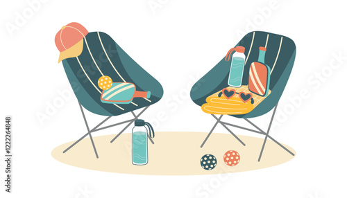 Pickleball concept banner. Pickleball paddles and balls and camping chairs isolated on white. Concept of rest, game and spending time with friends. Vector hand drawn background.
