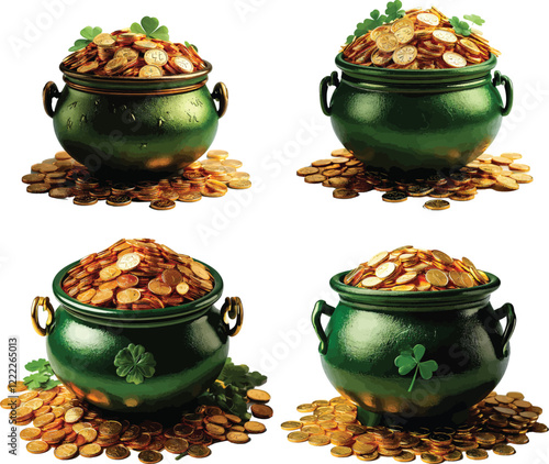 St Patrick's Day full pot gold coin and luck leaf clover cartoon vector  illustration

