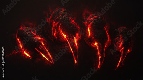 Sparkling monster claw mark scratches, red glowing wild animal traces, predator nail trails. Tiger, dragon, bear, lion, cat paws fire talon rips, Realistic 3d vector slashes on transparent