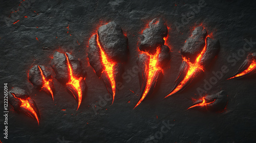 Sparkling monster claw mark scratches, red glowing wild animal traces, predator nail trails. Tiger, dragon, bear, lion, cat paws fire talon rips, Realistic 3d vector slashes on transparent