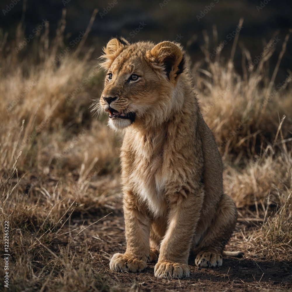 A fluffy lion cub sitting playfully on its hind legs. A fluffy lion cub sitting playfully on its hind legs.