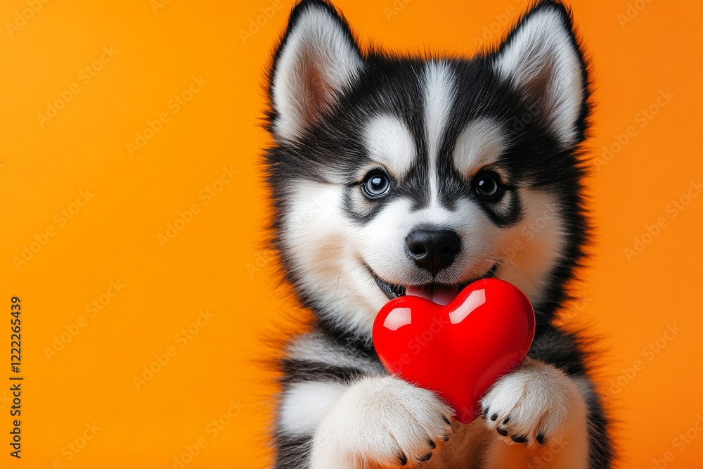 Cute alaskan malamute dog with critter animal toy red heart - emblem of love, funny greeting card. Marketing visual idea. Alaskan malamute - my desired dog. Puppy valentine's day. Love animals. Cute alaskan malamute dog with critter animal toy red heart - emblem of love, funny greeting card. Marketing visual idea. Alaskan malamute - my desired dog. Puppy valentine's day. Love animals.