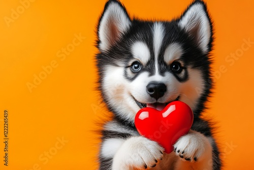 Cute alaskan malamute dog with critter animal toy red heart - emblem of love, funny greeting card. Marketing visual idea. Alaskan malamute - my desired dog. Puppy valentine's day. Love animals. photo