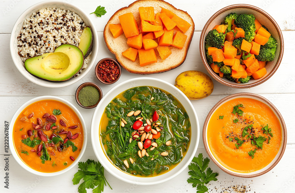 Vibrant Flat Lay of Vegetable Cream Soup Bowls and Avocado Toast with Fresh Green Leaves, Perfect for Health-Conscious Lunchtime Inspiration Vibrant Flat Lay of Vegetable Cream Soup Bowls and Avocado Toast with Fresh Green Leaves, Perfect for Health-Conscious Lunchtime Inspiration