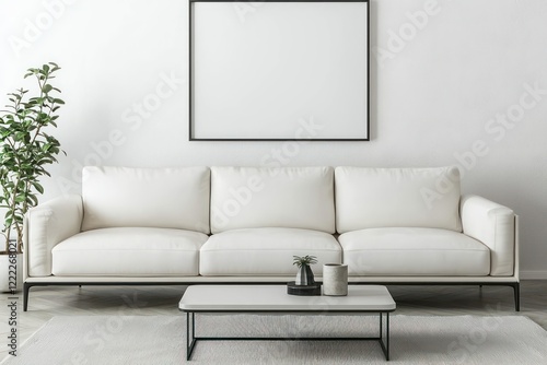Scandinavian-style living room with a low coffee table and 3D mockup poster frame with a floating effect.
