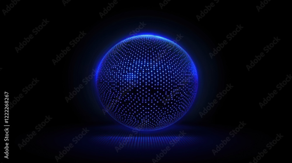 Blue Luminous Sphere with Dots and Lights on a Black Background Blue Luminous Sphere with Dots and Lights on a Black Background