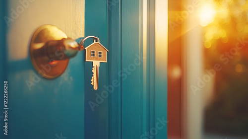  A close-up of a door lock and key on a turquoise door bathed in golden sunlight evokes vintage nostalgia at a home entrance