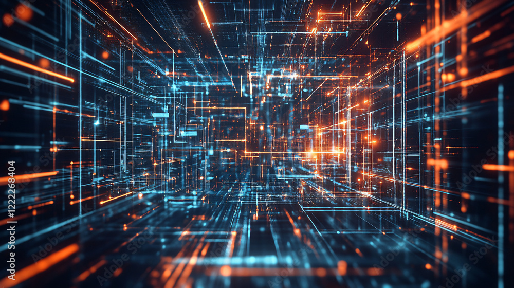 A complex futuristic digital grid with glowing blue and orange lines representing data streams advanced technology and cyber connectivity
A complex futuristic digital grid with glowing blue and orange lines representing data streams advanced technology and cyber connectivity